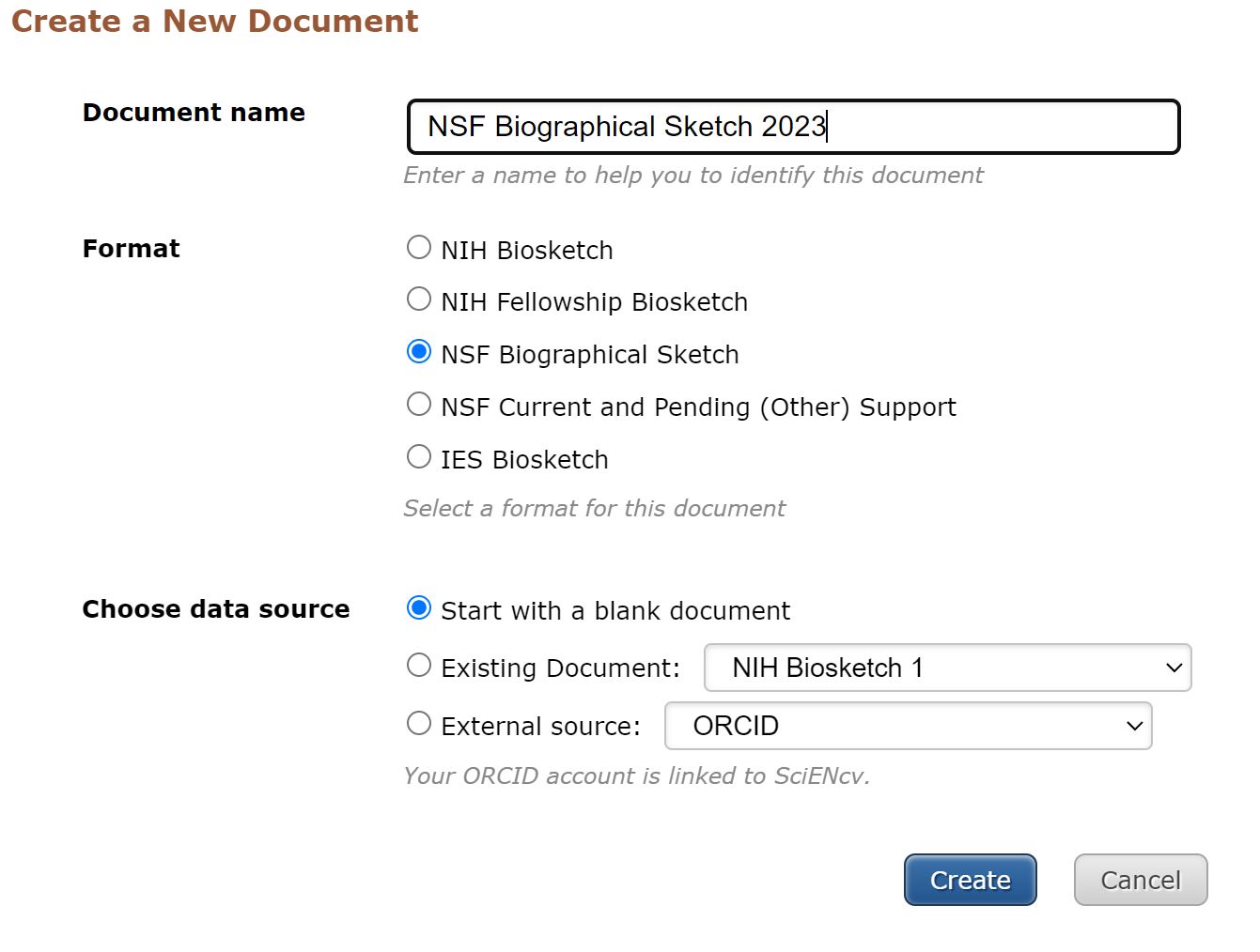 Create a new document form